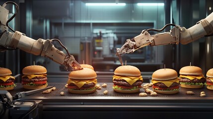Robotic arms assembling burgers a fast food automation concept