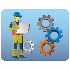 Construction worker wearing safety helmet and vest holding blueprint with rotating gears, depicting engineering, industrial, and construction concepts