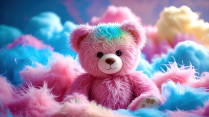 Fototapeta premium Colorful Teddy Bear in a Dreamlike Cloudy Background
