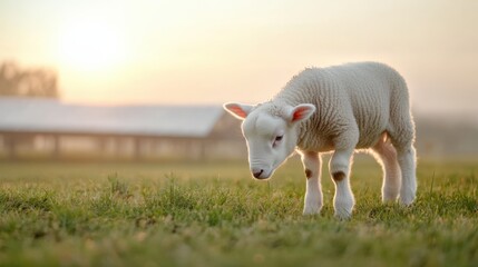 Obraz premium Sheep grazing on lush green grass beside a solar farm, with rows of solar panels reflecting sunlight under a clear sky.