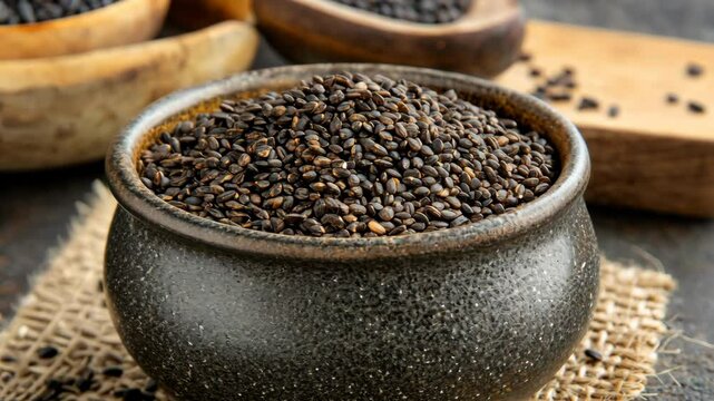 Freshly harvested black sesame seeds in a rustic bowl ready for culinary use in cooking or health applications