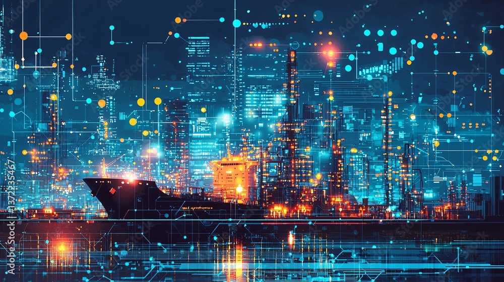 Poster logistics infrastructure driving growth. digital cityscape with circuit patterns and glowing element