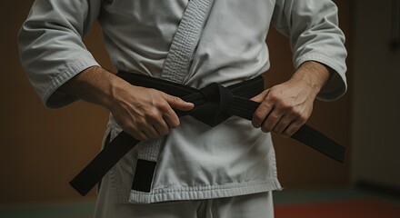 Person Tying Black Belt Around Waist Preparing for Martial Arts