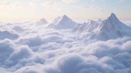 Snowy mountain summits floating above an ocean of white clouds, the clouds rolling gently like waves