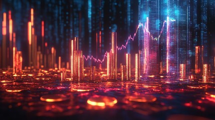 Growth money business increase finance profit. Financial economy concept rise gold strategy cash currency. Futuristic data visualization with vibrant colors.
