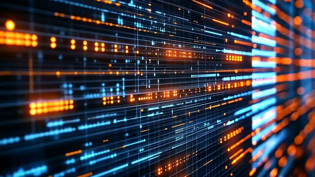 Abstract digital background showcasing vibrant blue and orange lines representing data flow and technology trends