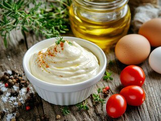 Homemade mayonnaise sauce in a white bowl, jar with olive oil, eggs, salt, spices, herbs, cherry tomatoes on a wooden background. Close-up.