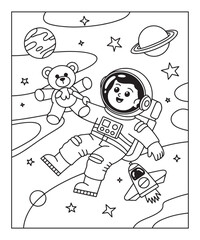 Obraz premium Astronaut in space coloring page for kids, black line art vector illustration on white background