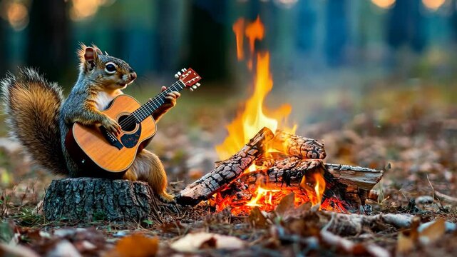Squirrel plays guitar by campfire in autumn forest during sunset with warm glowing flames