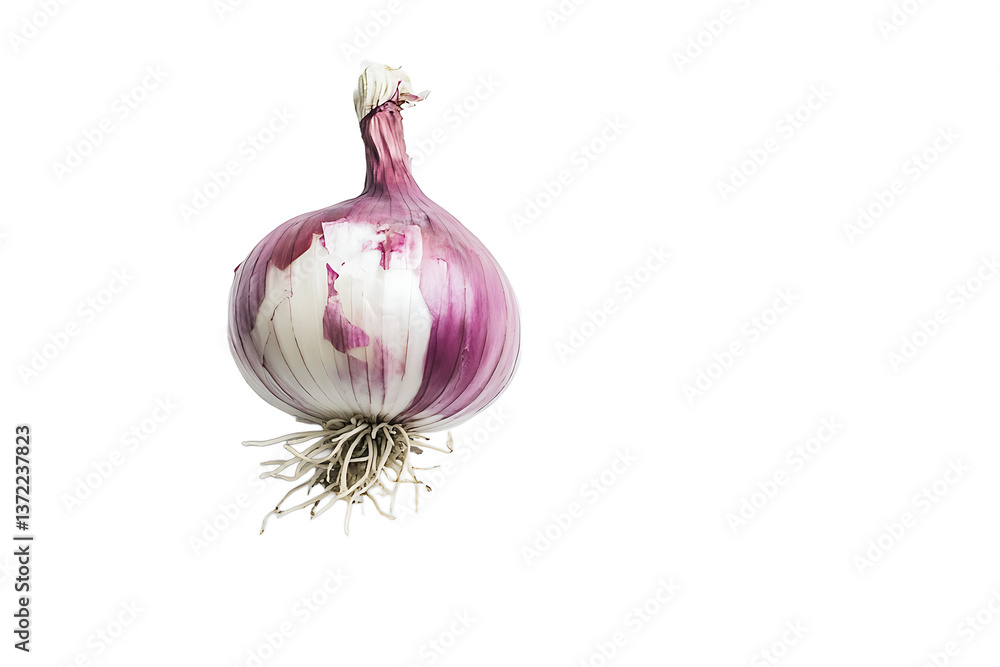 Poster a single red onion with roots and stem against a solid black background in a studio setting