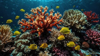 Obraz premium Vibrant Coral Reef Ecosystem with Colorful Fish, Sunlight Piercing the Water's Surface 