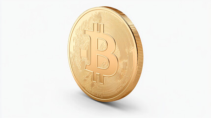 Bitcoin coin standing upright isolated on white background  