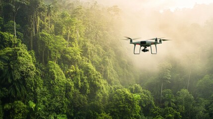 A high tech AI powered drone, conducting wildlife monitoring in a forest preserve, advanced ecological setting