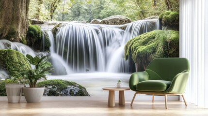 Tranquil waterfall in a lush forest room setting. Interior design