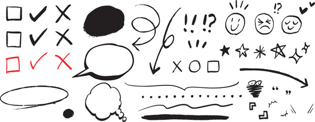 手描きの吹き出しや漫画記号のあしらい素材セット