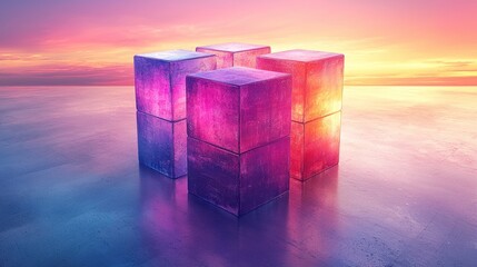 Sunset Glow: Illuminated Cubes Reflecting on a Serene Horizon