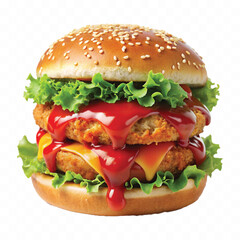 realistic delicious hot and fresh burger dripping in tomato or chili sauce isolated on white background