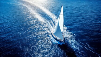 Stock photo, drone view, boat sailing swiftly on the blue, calm sea leaving a foamy trail, clear sunny weather, realistic photo, exhibition winner