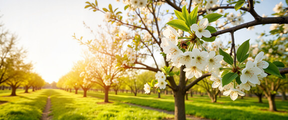 Naklejka premium Blossoming apple trees in spring sunlight, nature's beauty