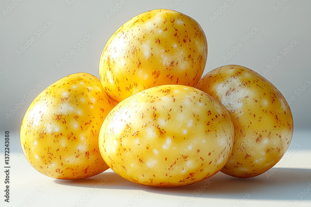 Poster four eggs with a white and yellow shell. the eggs are piled on top of each other. the eggs are not r