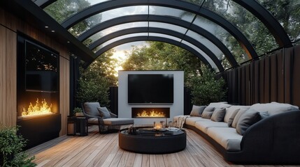 Modern Outdoor Living Area with Fireplace and TV