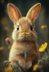 Charming hare in flowers on a blurred background.