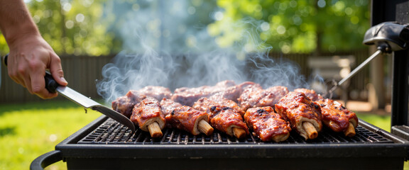 Grilling smoked ribs at a backyard cookout in sunny afternoon, summer feast