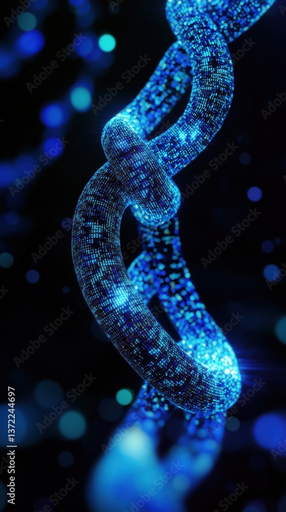 Poster digital fractal chain illuminated by blue particles in a dark background, creating a futuristic appe