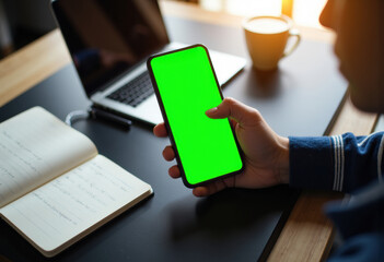 Person holding a smartphone with a green screen in a modern workspace