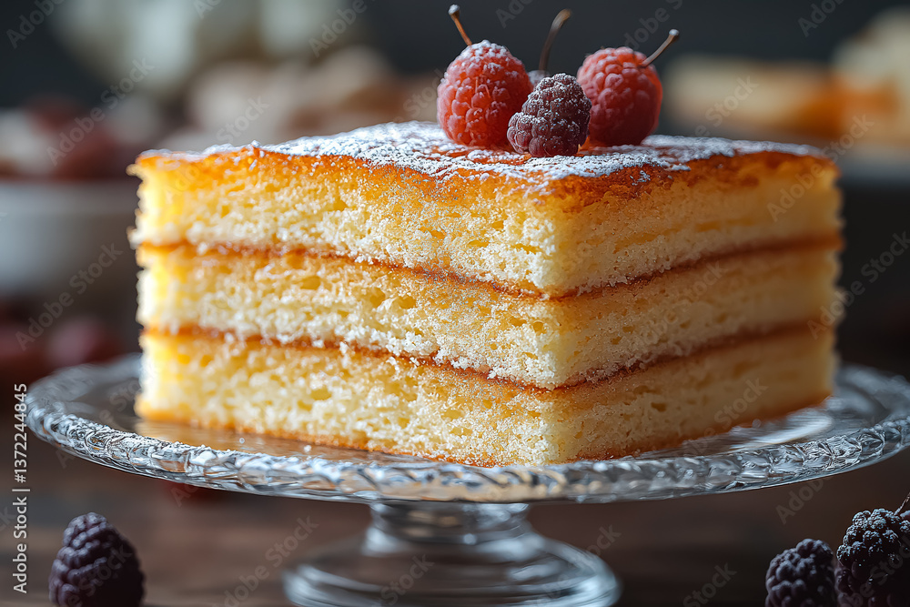 Poster slice of cake with raspberries on top. the cake is cut into four layers and is sitting on a glass pl