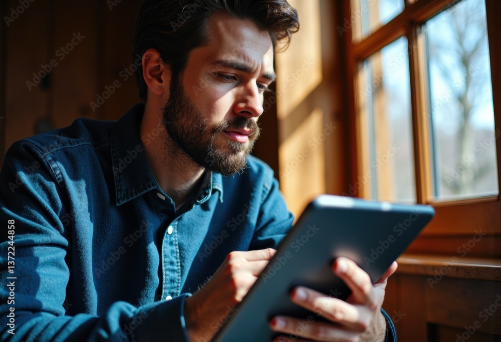 Poster thoughtful man using a tablet while sitting by a window in natural light