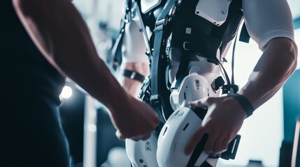 A high tech AI powered exoskeleton, assisting an athlete with rehabilitation after an injury, rehabilitation setting