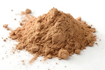 Rich brown cocoa powder pile close up view showing texture and detail Natural light white background