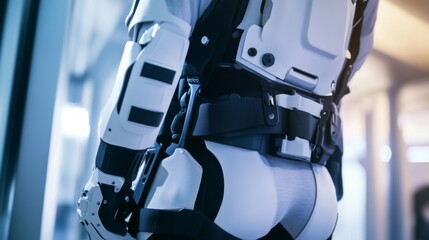 A high tech AI powered exoskeleton, assisting individuals with mobility impairments, high-tech rehabilitation center