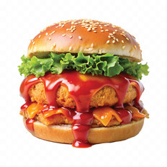 realistic delicious hot and fresh burger dripping in tomato or chili sauce isolated on white background