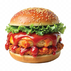 realistic delicious hot and fresh burger dripping in tomato or chili sauce isolated on white background