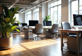 Modern office interior with plants and natural light streaming in