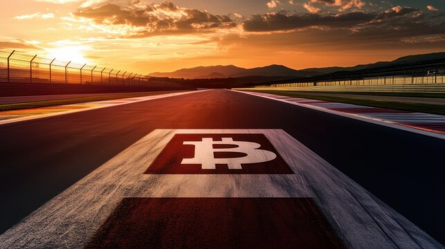 Sunset over racetrack featuring bitcoin symbol painted on asphalt, showcasing the fusion of technology and sport