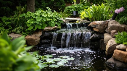 Backyard water feature, cascading waterfall, lush landscaping. Possible use Stock photo