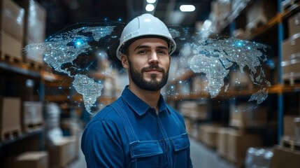Warehouse employee with helmet and world map displaying distribution network concept
