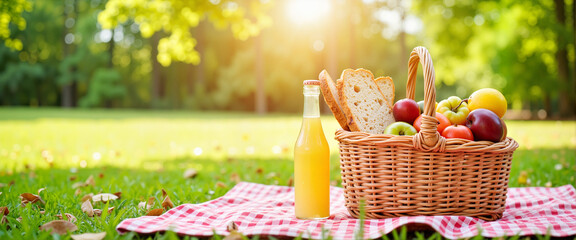 Summer picnic basket with fruits and lemonade on checkered blanket, outdoor joy