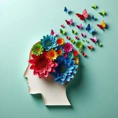 Paper human head symbol with flowers and butterflies on pastel green background World mental health day concept