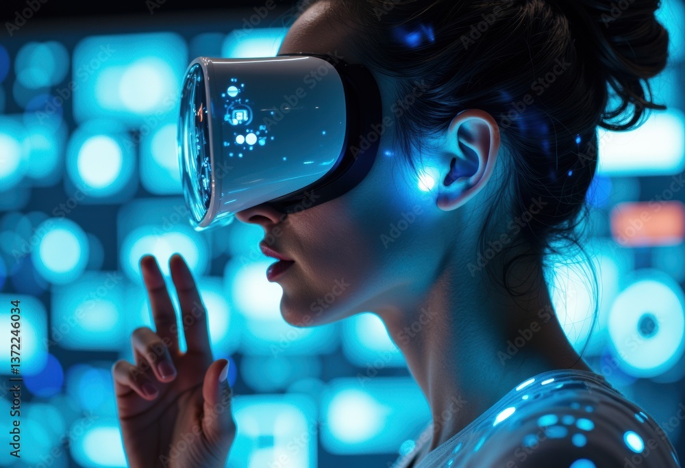 Poster woman using virtual reality headset with glowing digital interface background