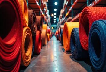 Colorful rolls of carpet stacked in a warehouse aisle, showcasing various textures