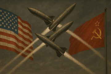 Cold war tension: missiles and crossed paths between usa and ussr flags