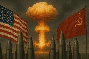 Cold war tensions: nuclear explosion between usa and soviet union flags