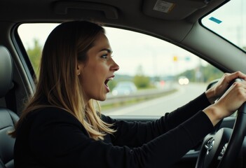 A woman driving a car, expressing frustration and anger on the road