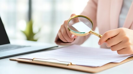 A person examines documents with a magnifying glass, highlighting attention to detail in a professional environment.