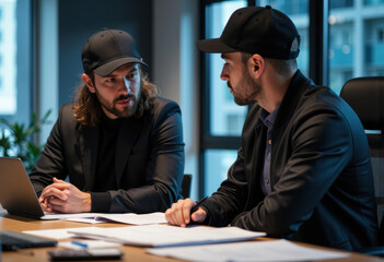 Two men in black caps discussing business strategies in a modern office