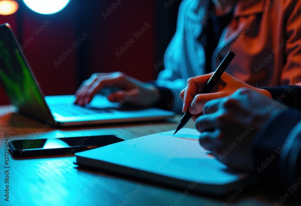 Poster two people working on laptops while one writes in a notebook
